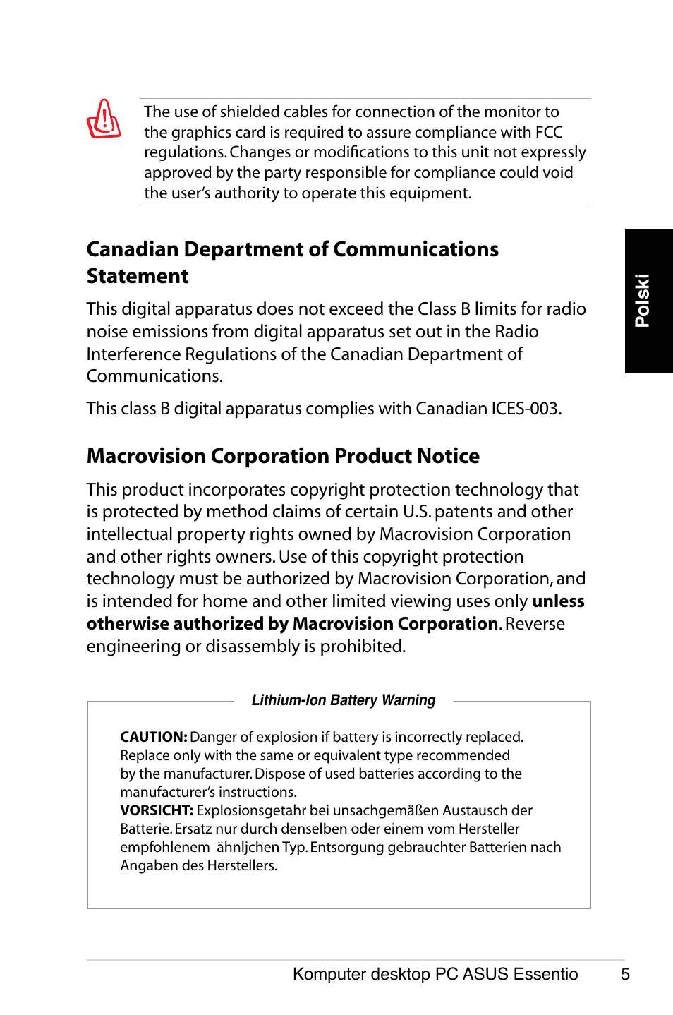 Canadian department of communications statement, Macrovision corporation product notice | Asus CP5140 User Manual | Page 121 / 180