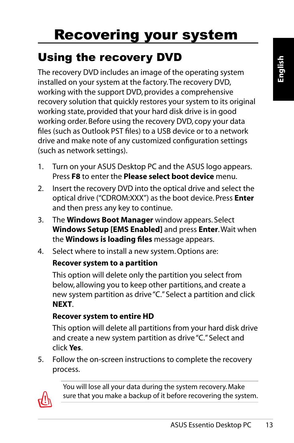 Recovering your system, Using the recovery dvd | Asus CP5140 User Manual | Page 13 / 180