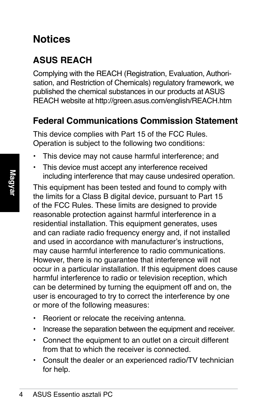 Notices, Asus reach, Federal communications commission statement | Asus CP5140 User Manual | Page 136 / 180