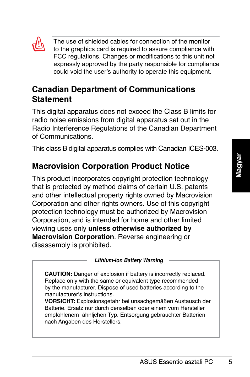 Canadian department of communications statement, Macrovision corporation product notice | Asus CP5140 User Manual | Page 137 / 180