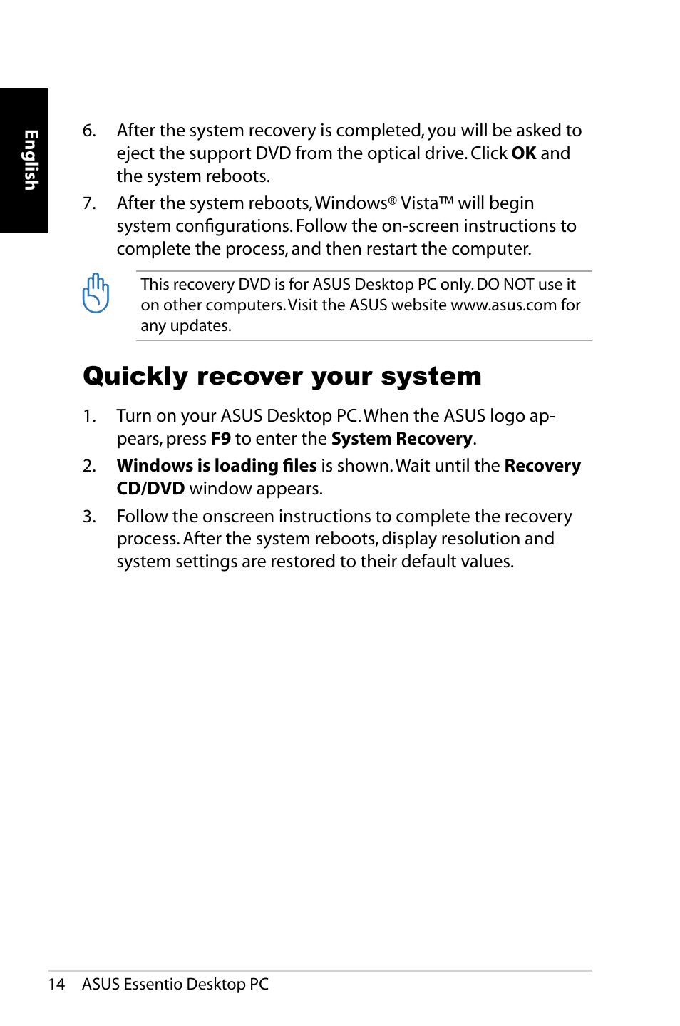 Quickly recover your system | Asus CP5140 User Manual | Page 14 / 180