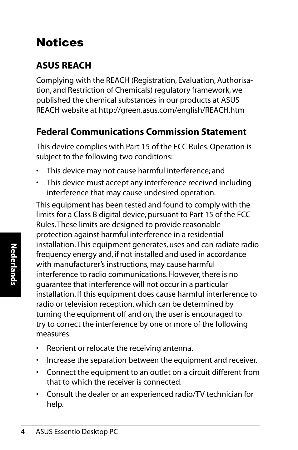 Notices, Asus reach, Federal communications commission statement | Asus CP5140 User Manual | Page 152 / 180