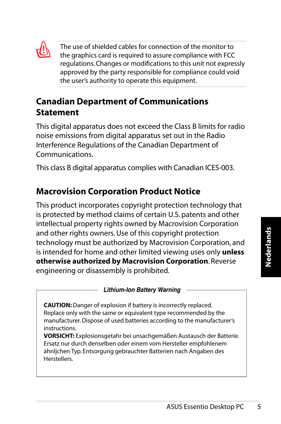 Canadian department of communications statement, Macrovision corporation product notice | Asus CP5140 User Manual | Page 153 / 180