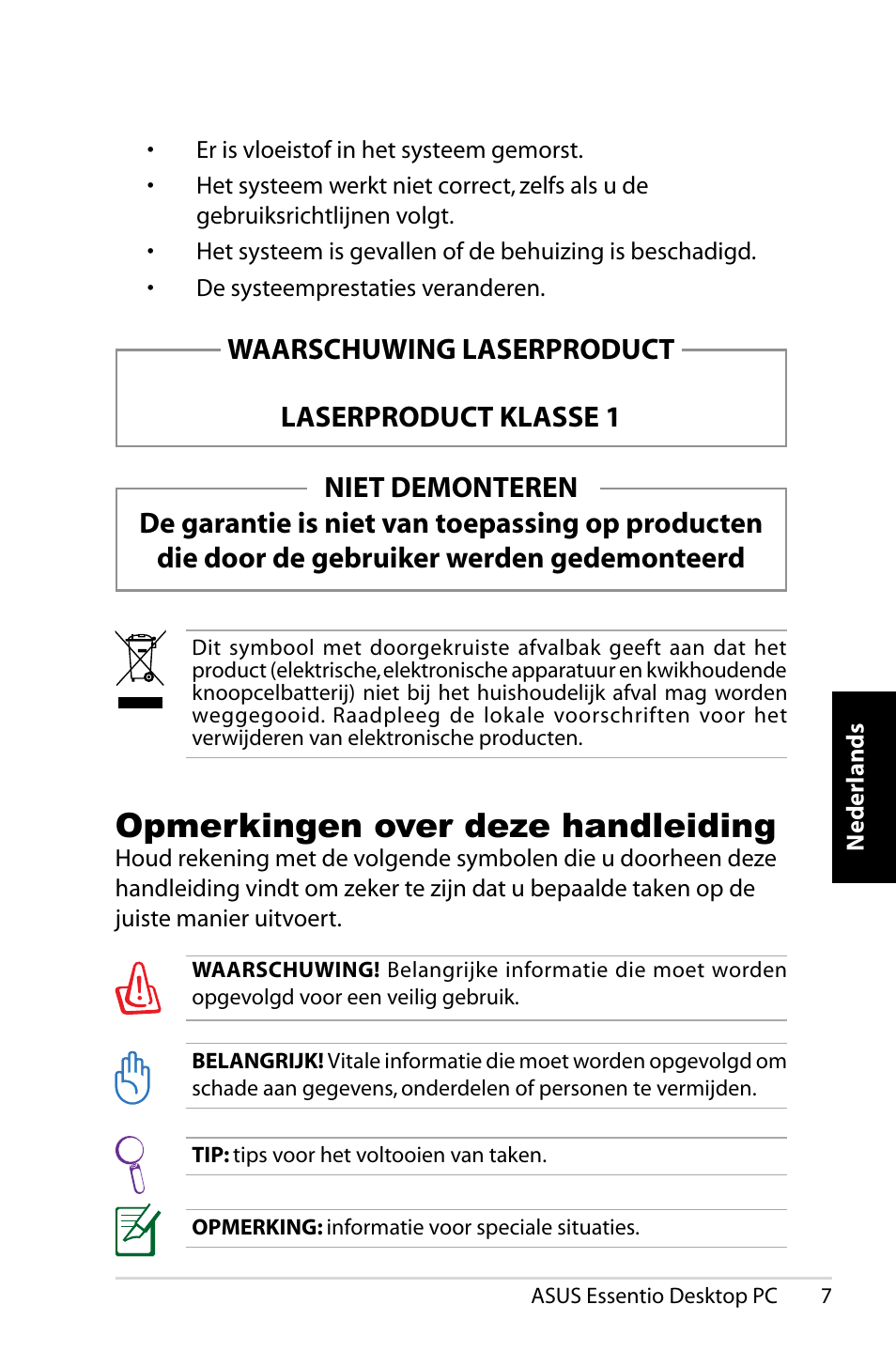 Opmerkingen over deze handleiding, Waarschuwing laserproduct laserproduct klasse 1 | Asus CP5140 User Manual | Page 155 / 180