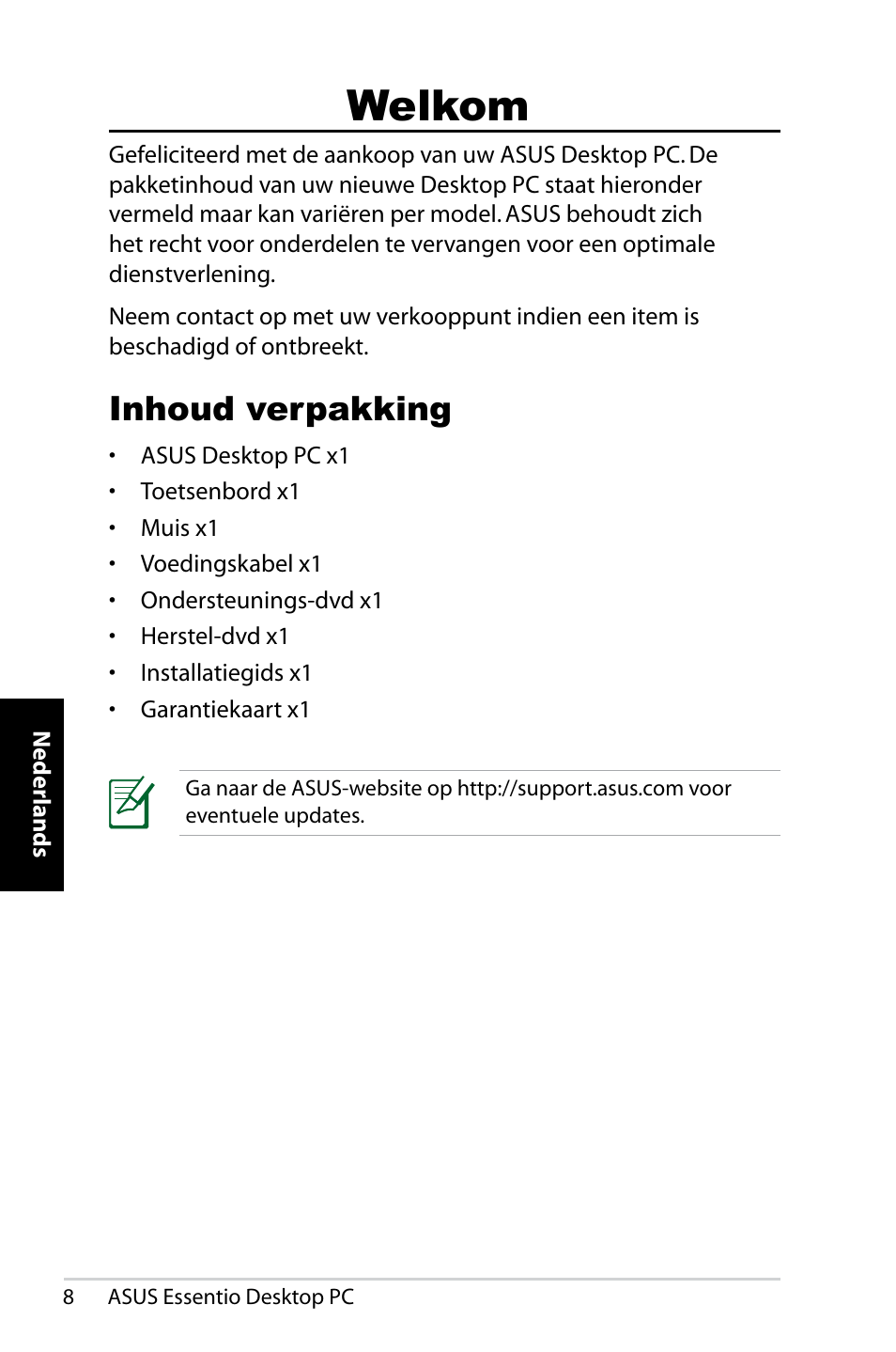 Welkom, Inhoud verpakking | Asus CP5140 User Manual | Page 156 / 180