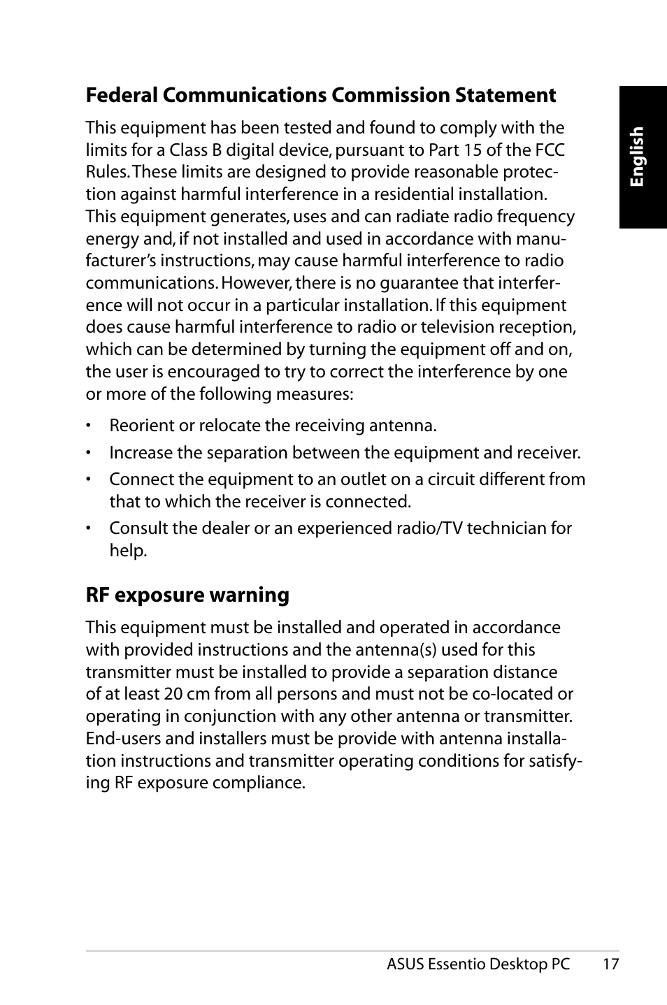 Federal communications commission statement, Rf exposure warning | Asus CP5140 User Manual | Page 17 / 180