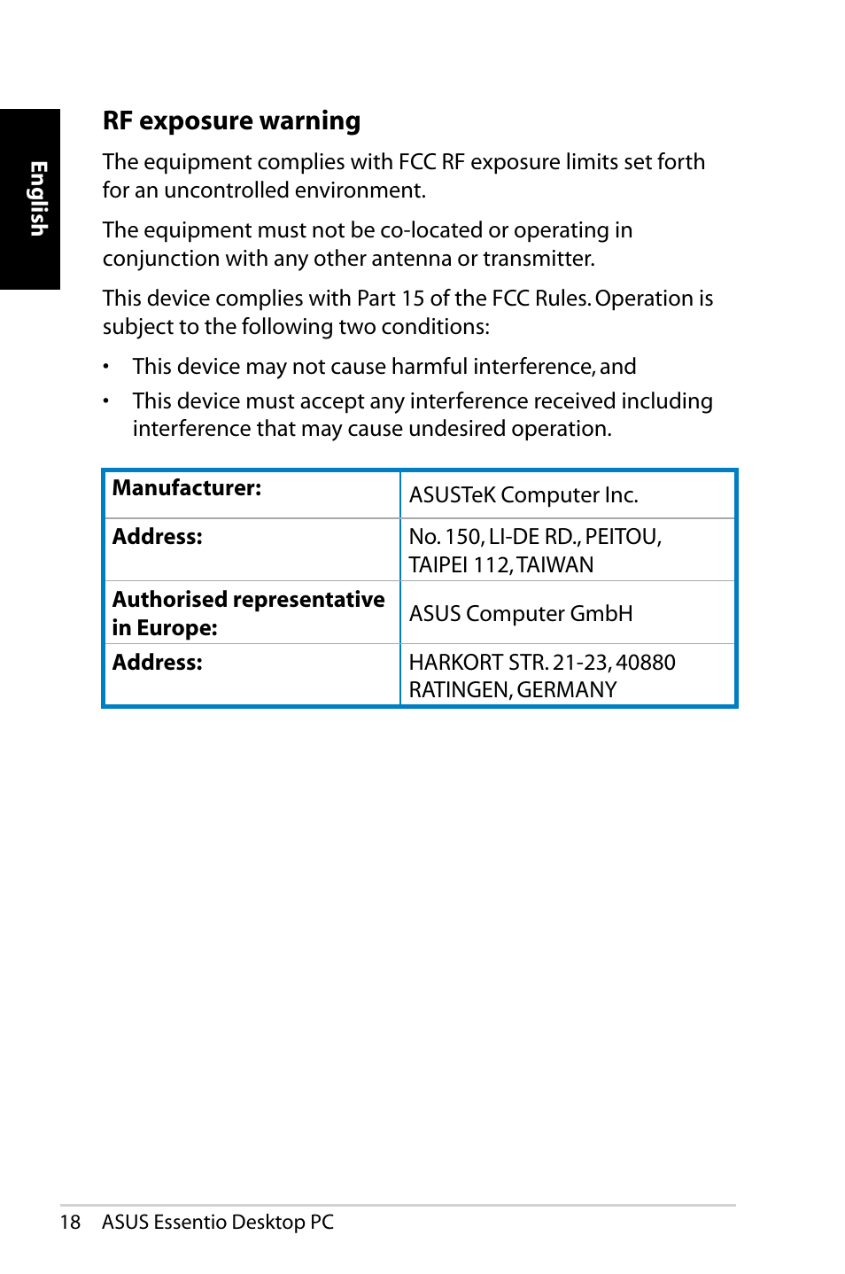 Rf exposure warning | Asus CP5140 User Manual | Page 18 / 180