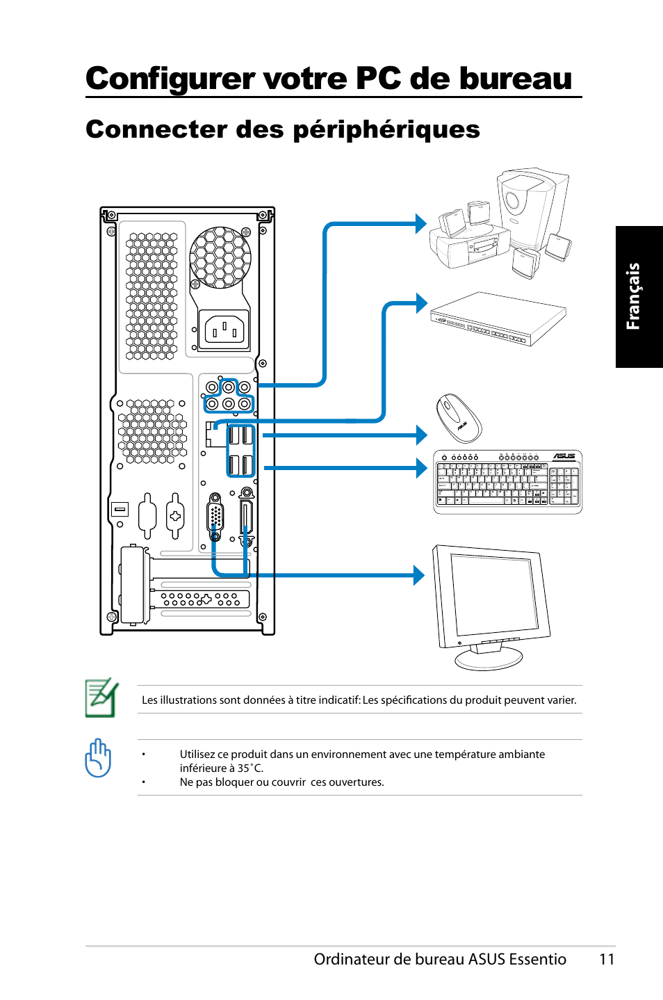 Configurer votre pc de bureau, Connecter des périphériques, Fr ançais | Asus CP5140 User Manual | Page 29 / 180