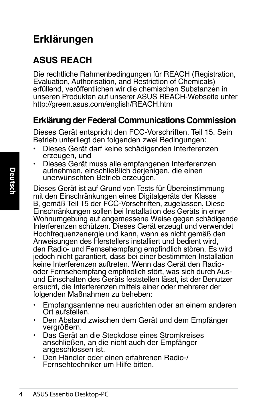 Erklärungen, Asus reach, Erklärung der federal communications commission | Asus CP5140 User Manual | Page 38 / 180