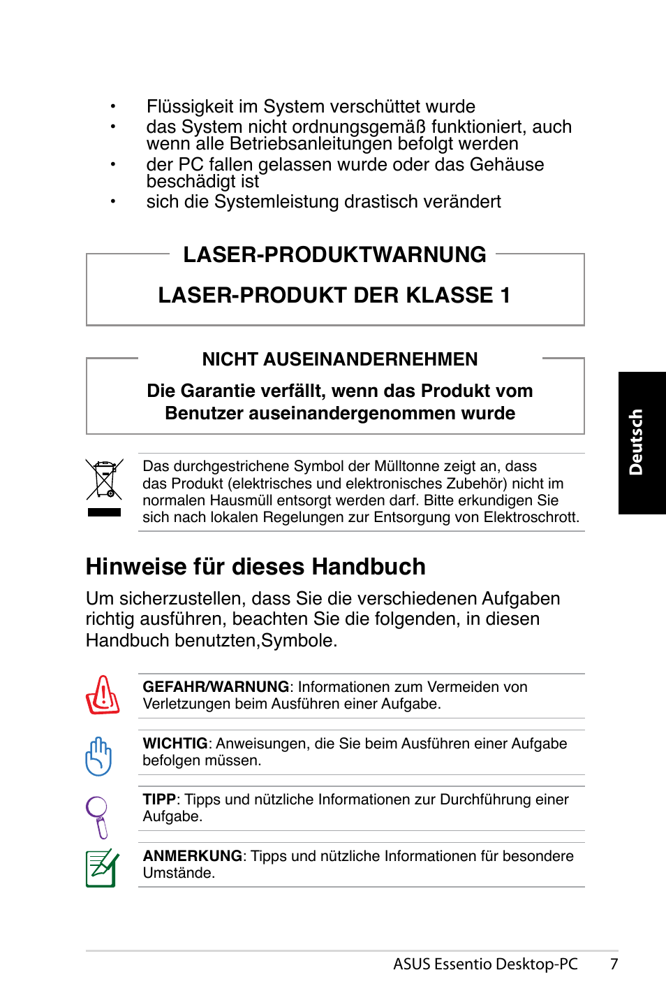 Hinweise für dieses handbuch, Laser-produktwarnung laser-produkt der klasse 1 | Asus CP5140 User Manual | Page 41 / 180