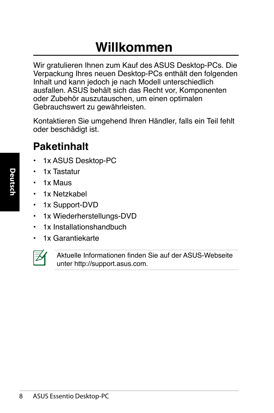 Willkommen, Paketinhalt | Asus CP5140 User Manual | Page 42 / 180