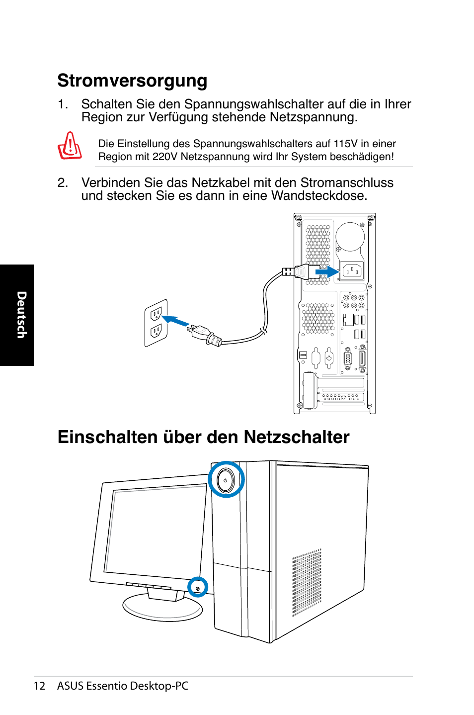Einschalten über den netzschalter stromversorgung | Asus CP5140 User Manual | Page 46 / 180