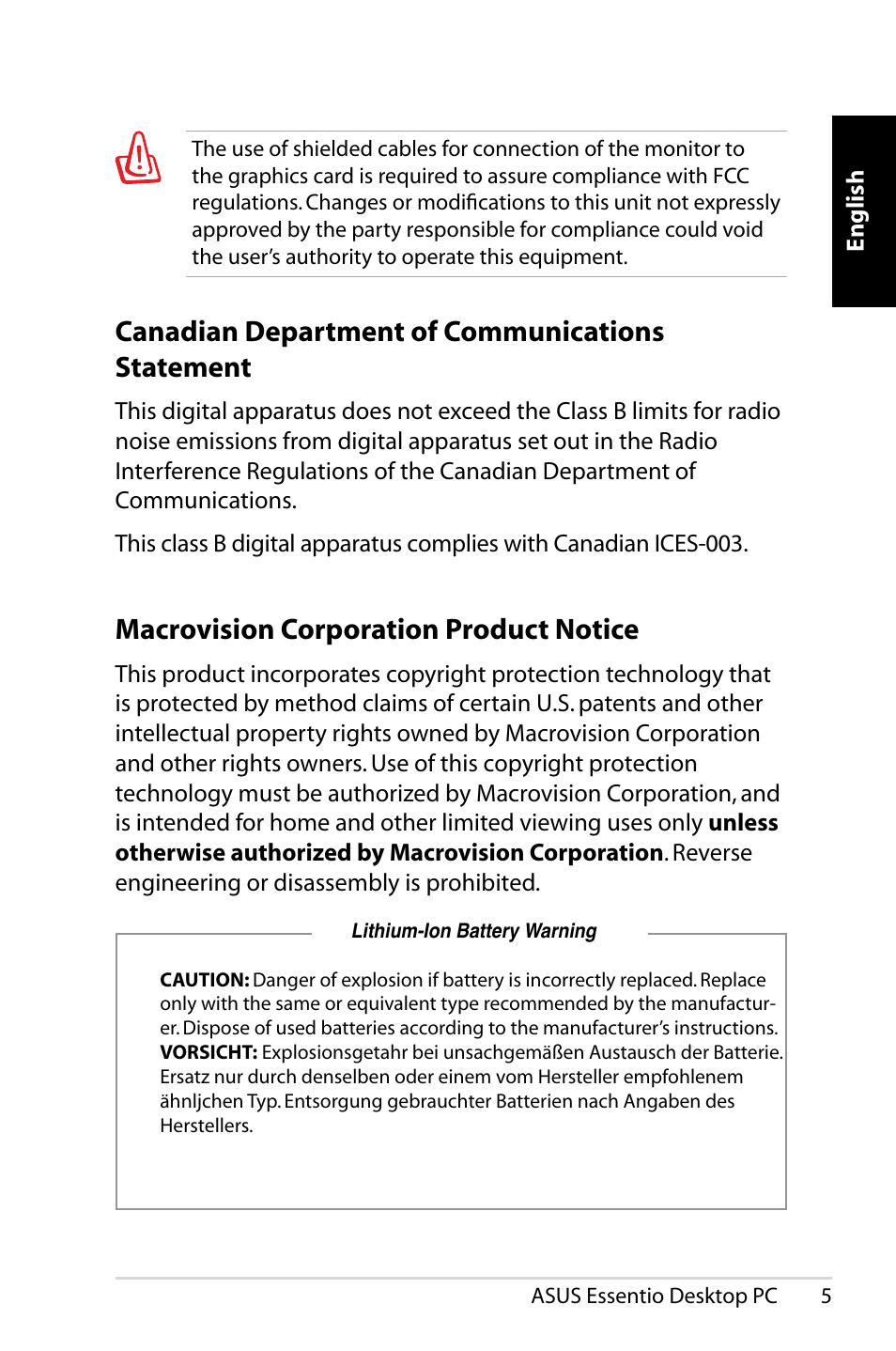 Canadian department of communications statement, Macrovision corporation product notice | Asus CP5140 User Manual | Page 5 / 180