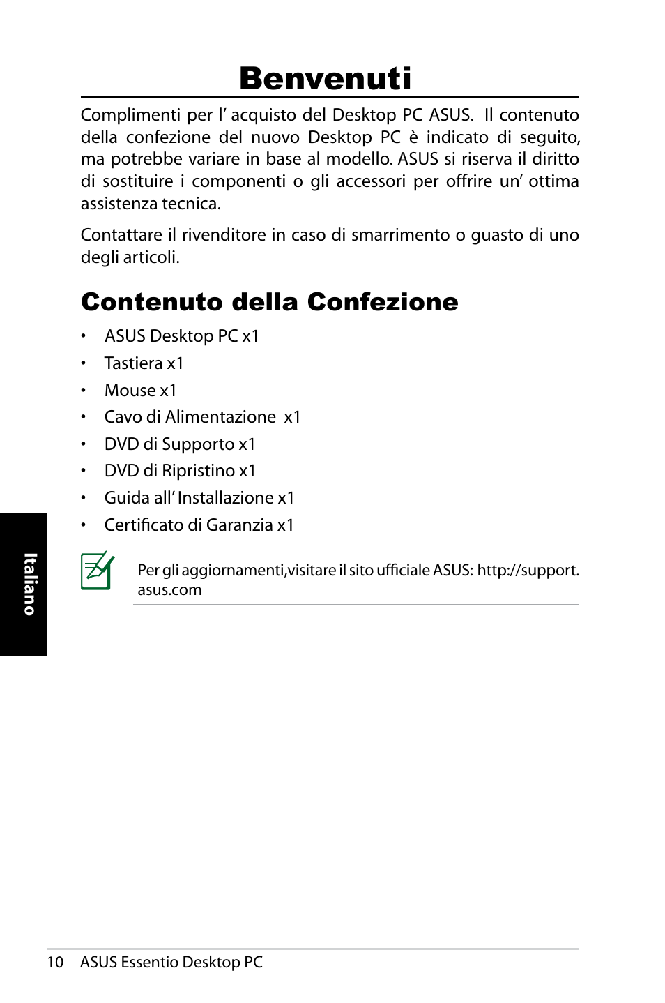 Benvenuti, Contenuto della confezione | Asus CP5140 User Manual | Page 60 / 180