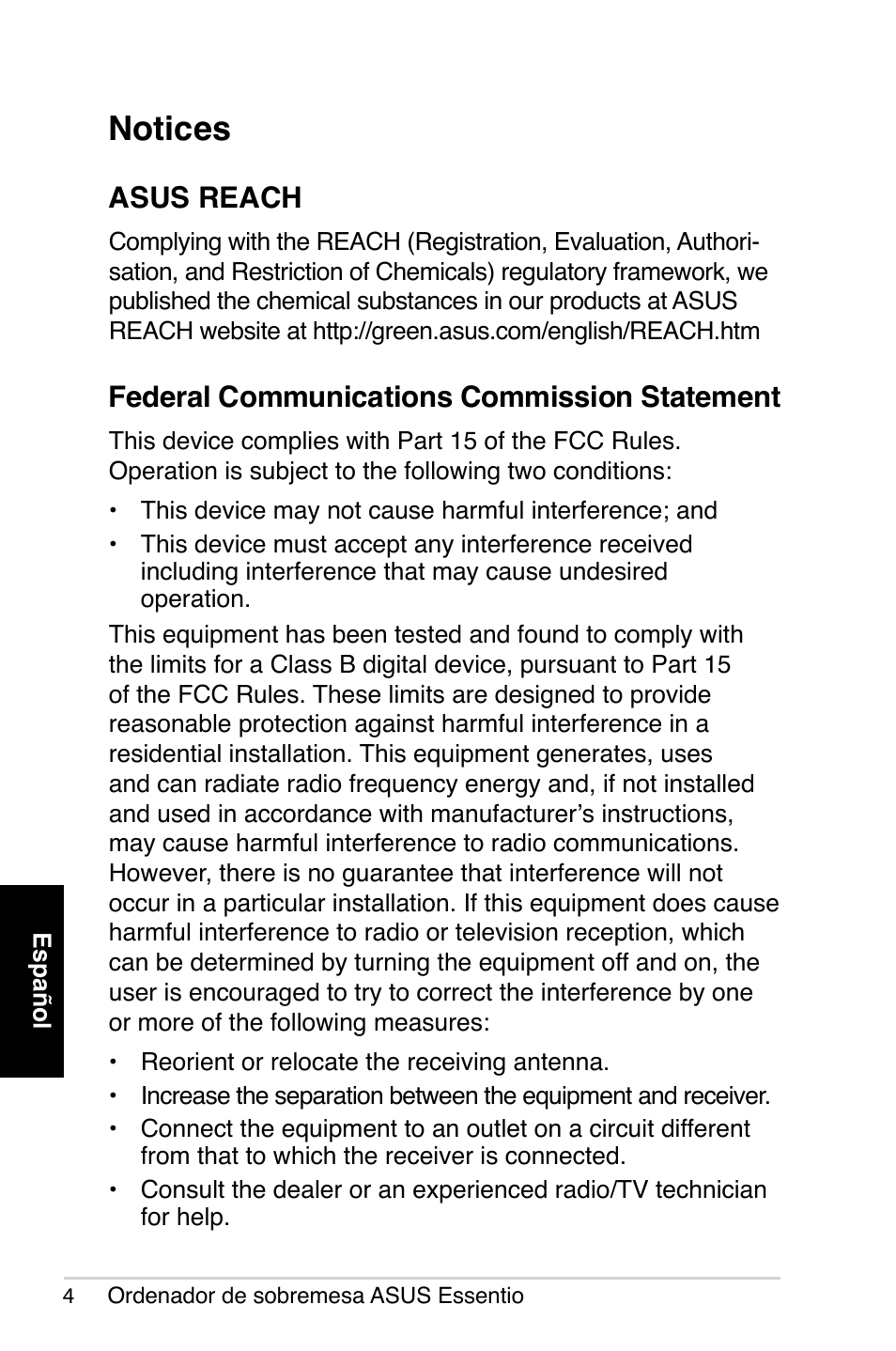 Notices, Asus reach, Federal communications commission statement | Asus CP5140 User Manual | Page 72 / 180