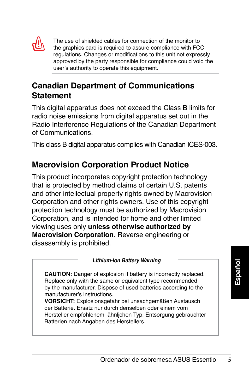 Canadian department of communications statement, Macrovision corporation product notice | Asus CP5140 User Manual | Page 73 / 180