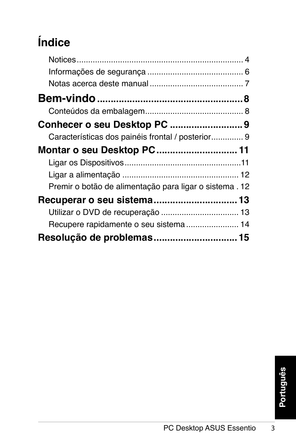 Índice, Bem-vindo | Asus CP5140 User Manual | Page 87 / 180