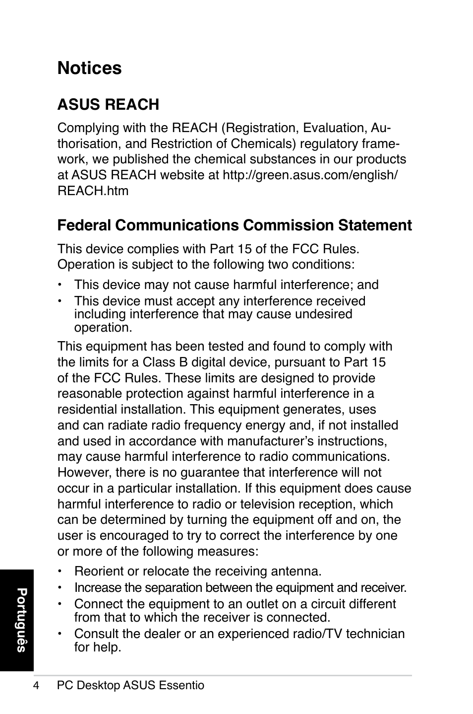 Notices, Asus reach, Federal communications commission statement | Asus CP5140 User Manual | Page 88 / 180