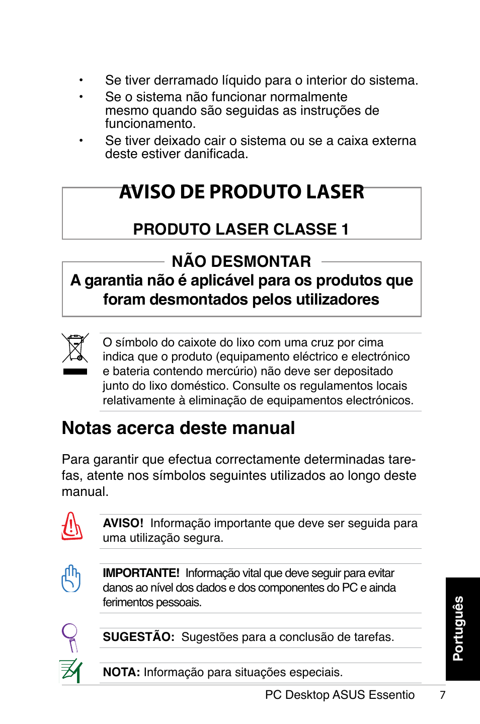 Aviso de produto laser, Notas acerca deste manual, Produto laser classe 1 | Asus CP5140 User Manual | Page 91 / 180