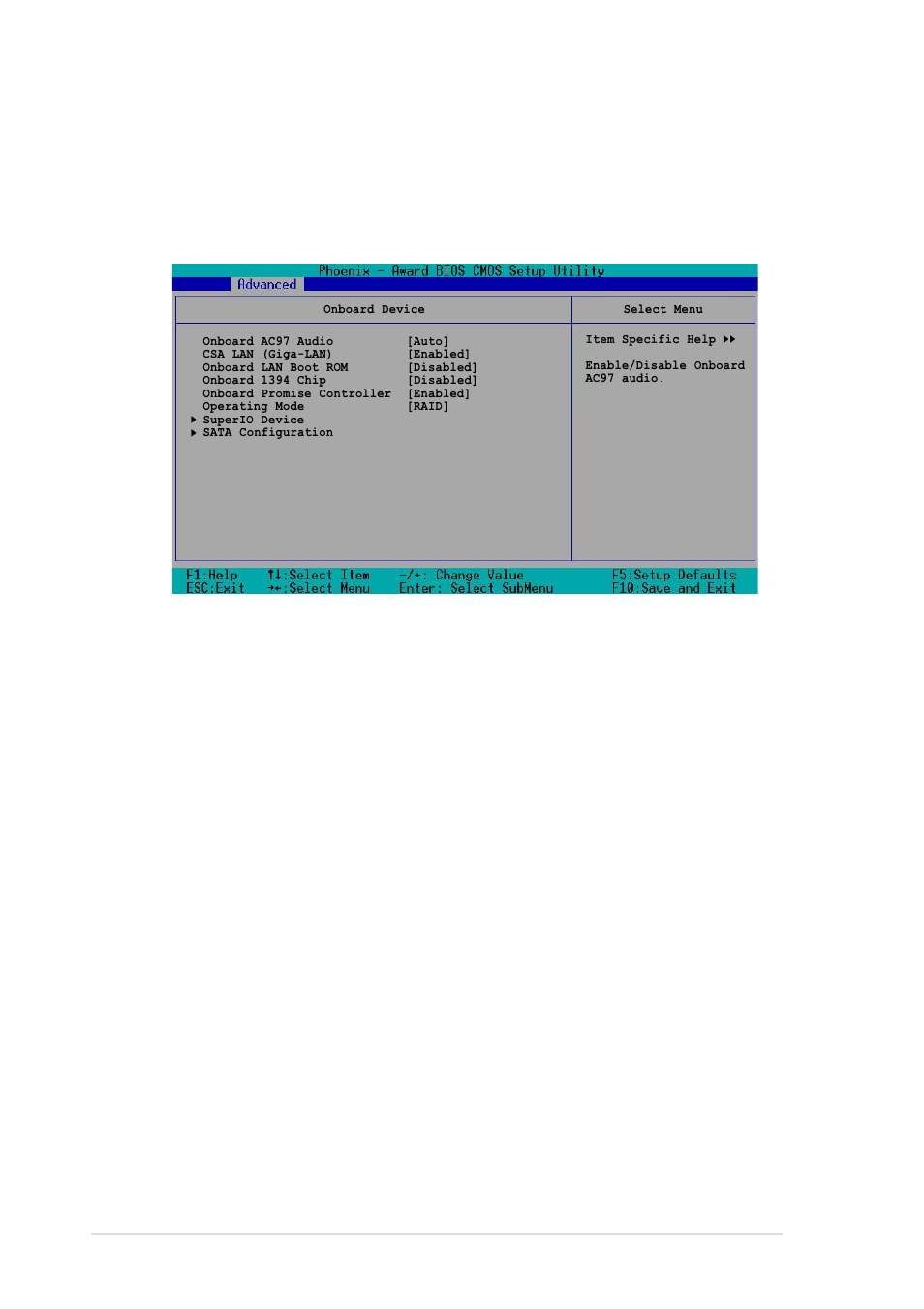 5 onboard device, Onboard ac97 audio [auto, Csa lan (giga-lan) [enabled | Onboard lan boot rom [disabled, Onboard 1394 [enabled, Onboard promise controller [enabled, 18 chapter 4: bios setup, Allows you enable or disable the onboard promise | Asus PCH-DL User Manual | Page 76 / 100