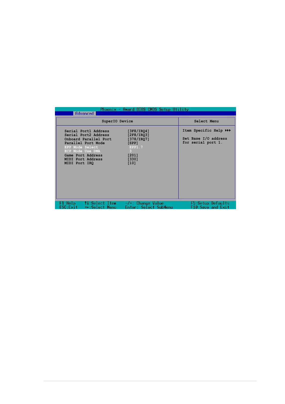 Superio device, Operating mode [raid, Onboard parallel port [378/irq7 | Parallel port mode [spp, Epp mode select [epp1.7, Asus pch-dl motherboard 4-19 | Asus PCH-DL User Manual | Page 77 / 100