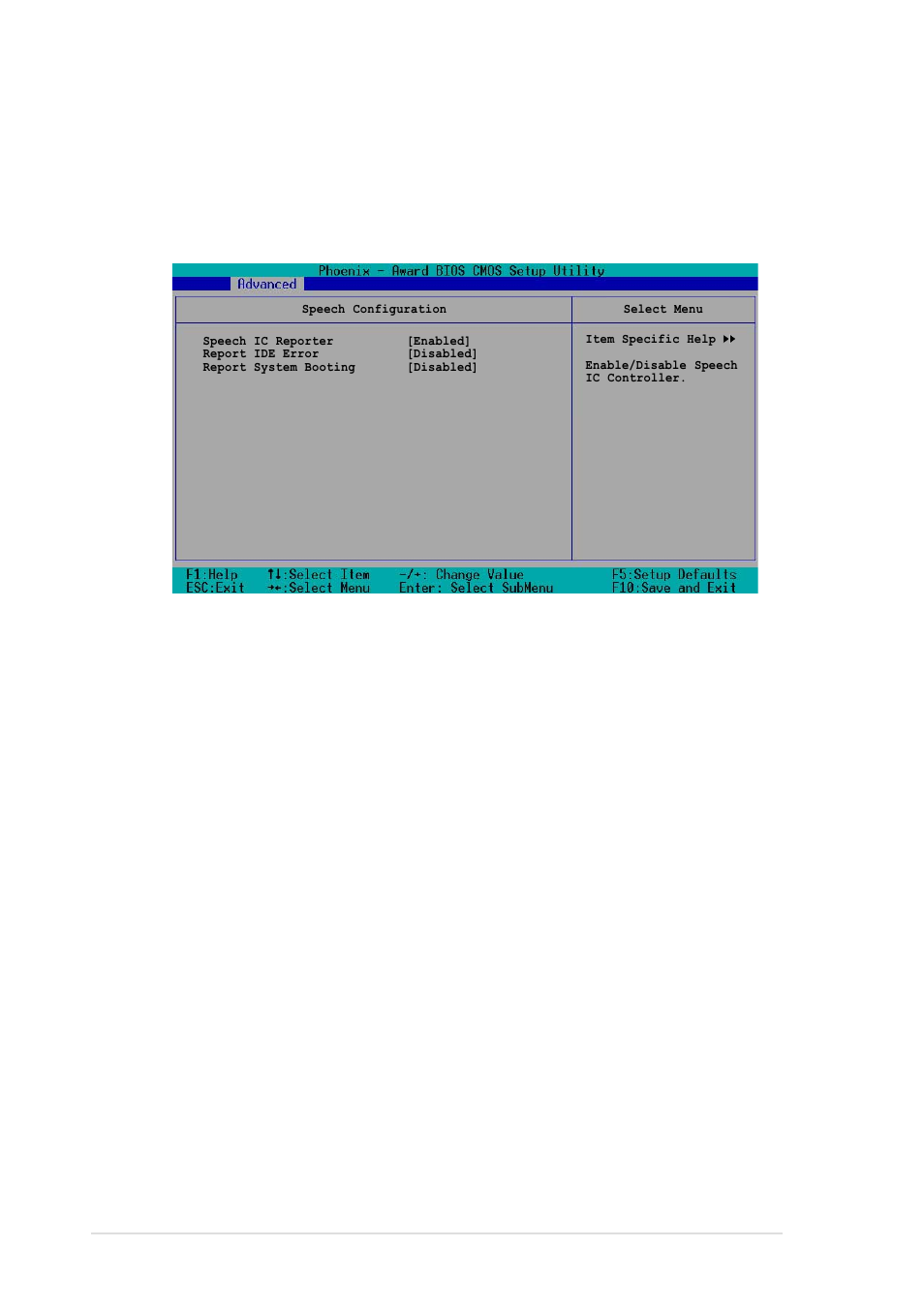 6 speech configuration, Speech ic controller [enabled, Report ide error [disabled | Report system booting [disabled, 22 chapter 4: bios setup | Asus PCH-DL User Manual | Page 80 / 100