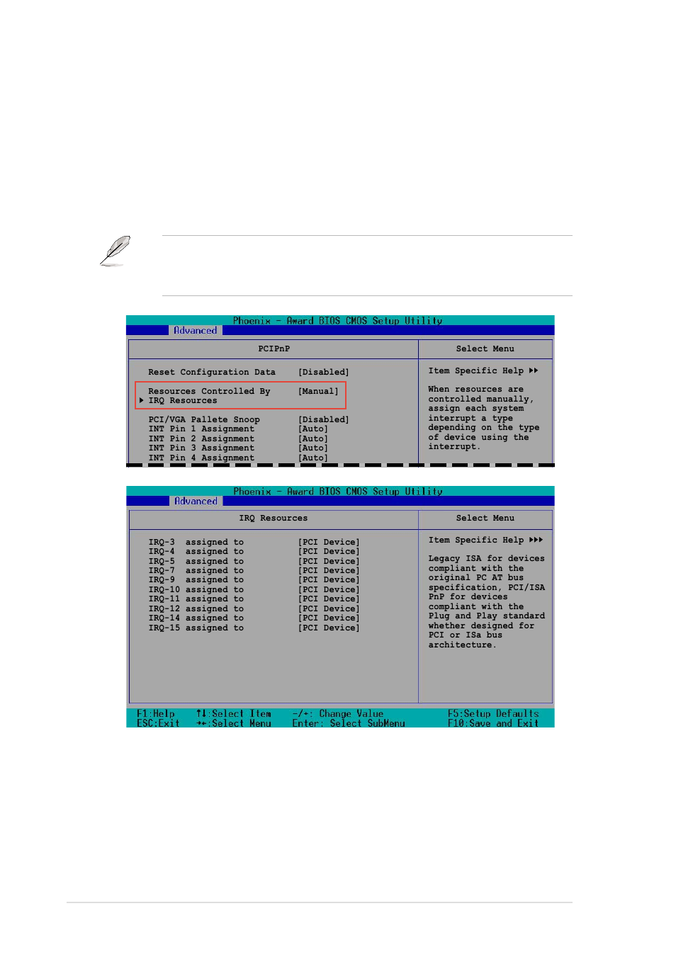 Irq resources, Int pin 1~8 assignment [auto, Irq-xx assigned to [pci device | 24 chapter 4: bios setup | Asus PCH-DL User Manual | Page 82 / 100