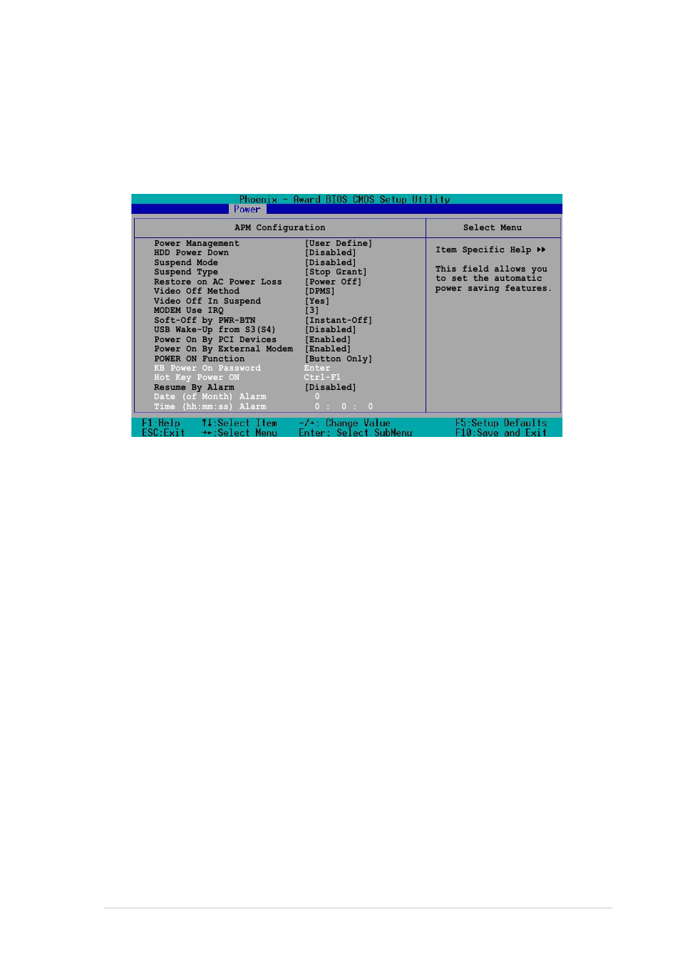 1 apm configuration, Power management [user define, Hdd power down [disabled | Suspend mode [disabled, Suspend type [stop grant, Asus pch-dl motherboard 4-27 | Asus PCH-DL User Manual | Page 85 / 100