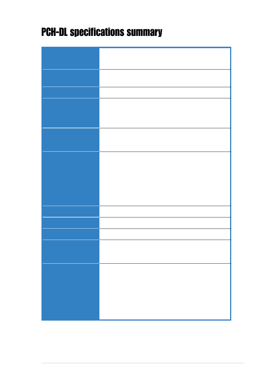 Pch-dl specifications summary | Asus PCH-DL User Manual | Page 9 / 100