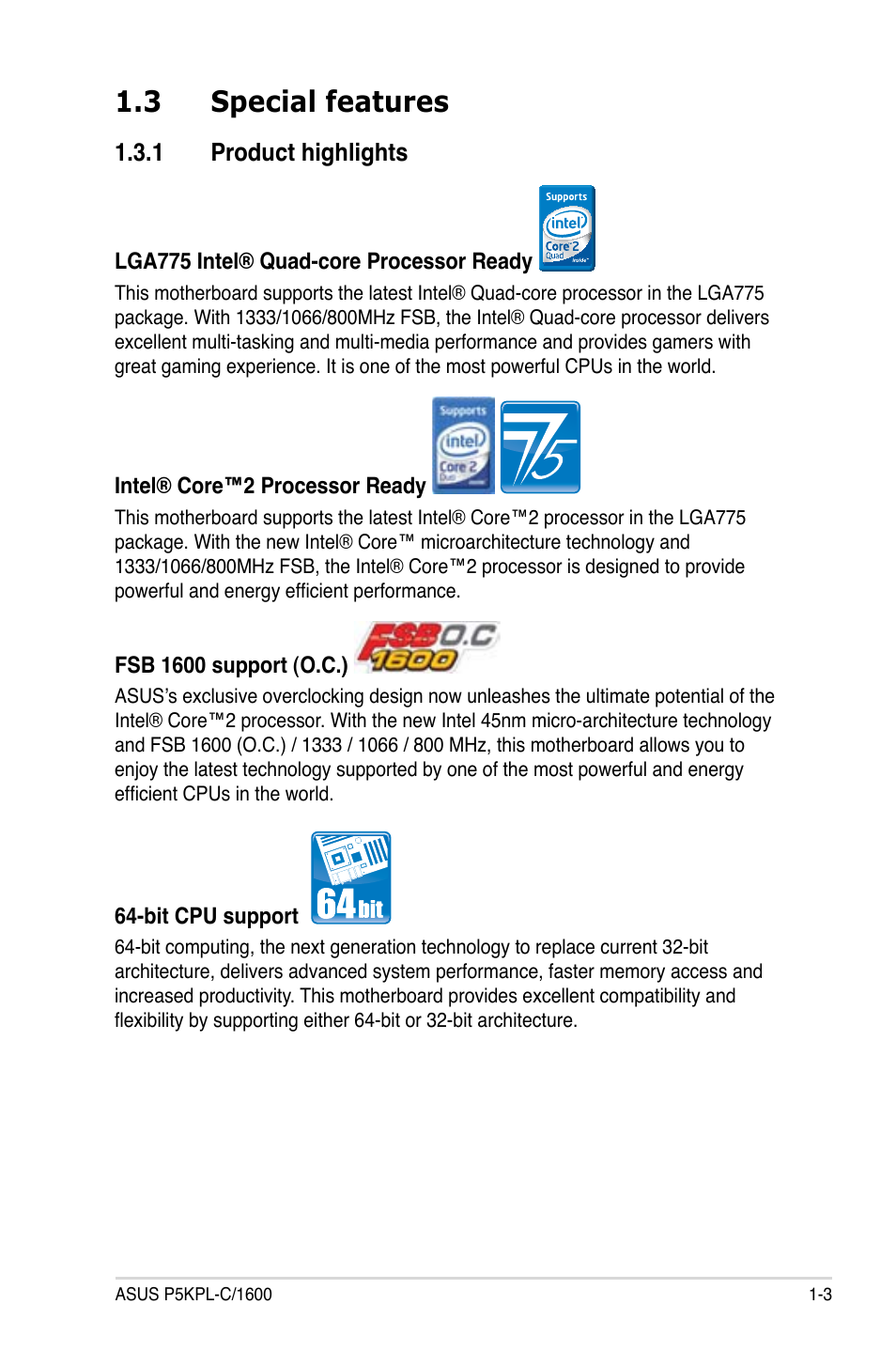 3 special features, 1 product highlights | Asus P5KPL-C/1600 User Manual | Page 15 / 98