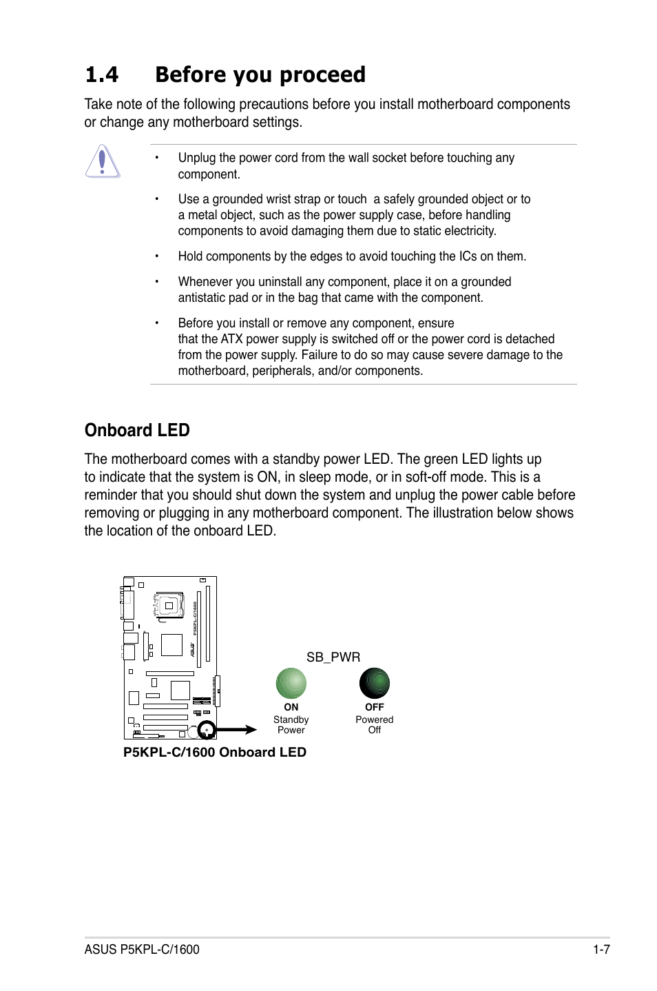 4 before you proceed, Onboard led | Asus P5KPL-C/1600 User Manual | Page 19 / 98