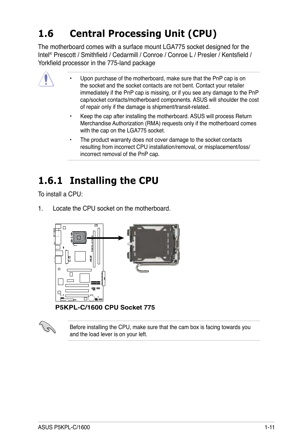 1 installing the cpu, 6 central processing unit (cpu) | Asus P5KPL-C/1600 User Manual | Page 23 / 98