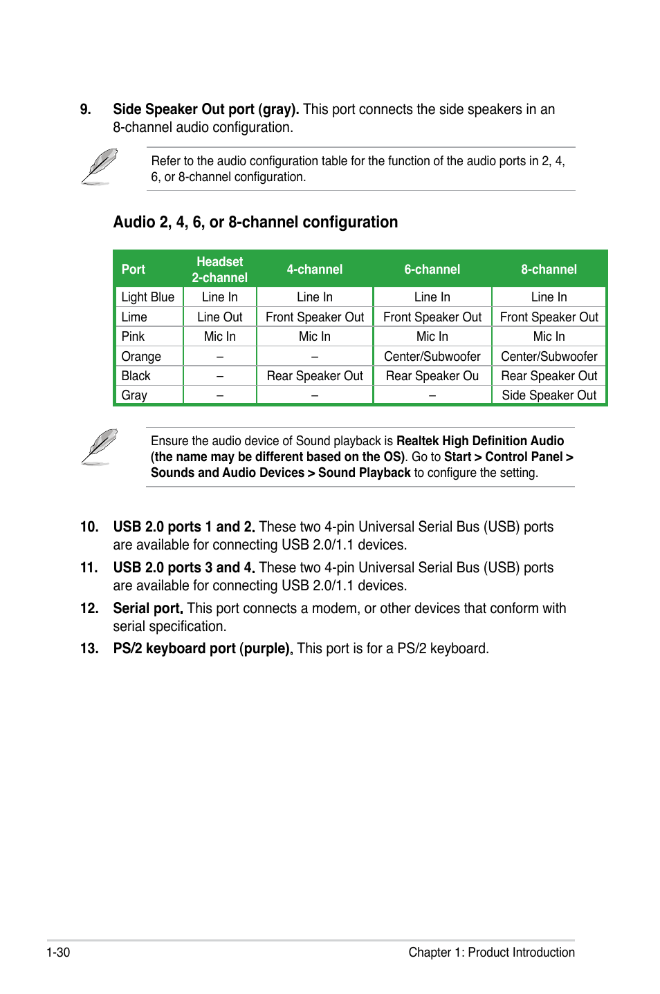 Audio 2, 4, 6, or 8-channel configuration | Asus P5KPL-C/1600 User Manual | Page 42 / 98