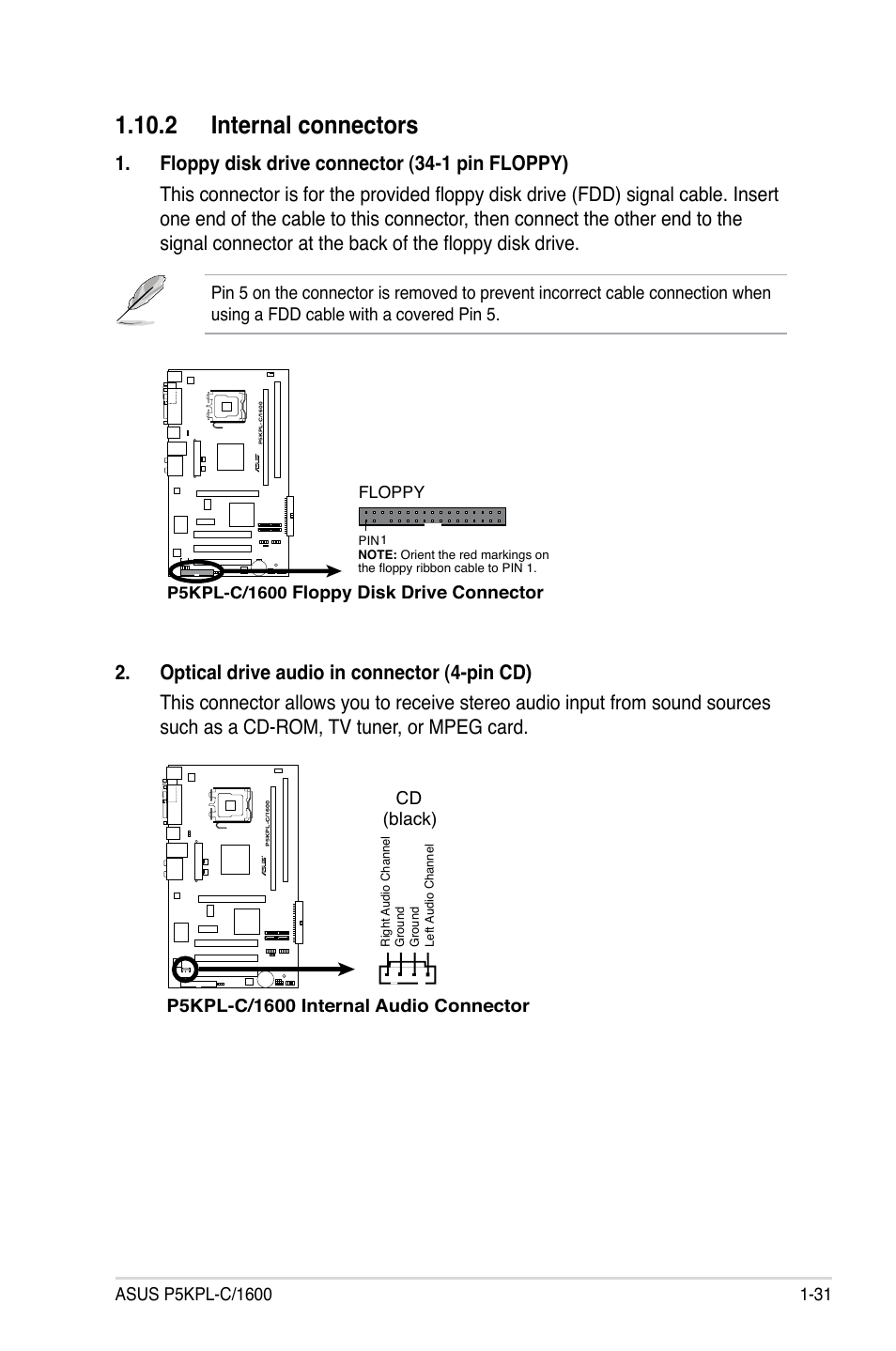 2 internal connectors | Asus P5KPL-C/1600 User Manual | Page 43 / 98