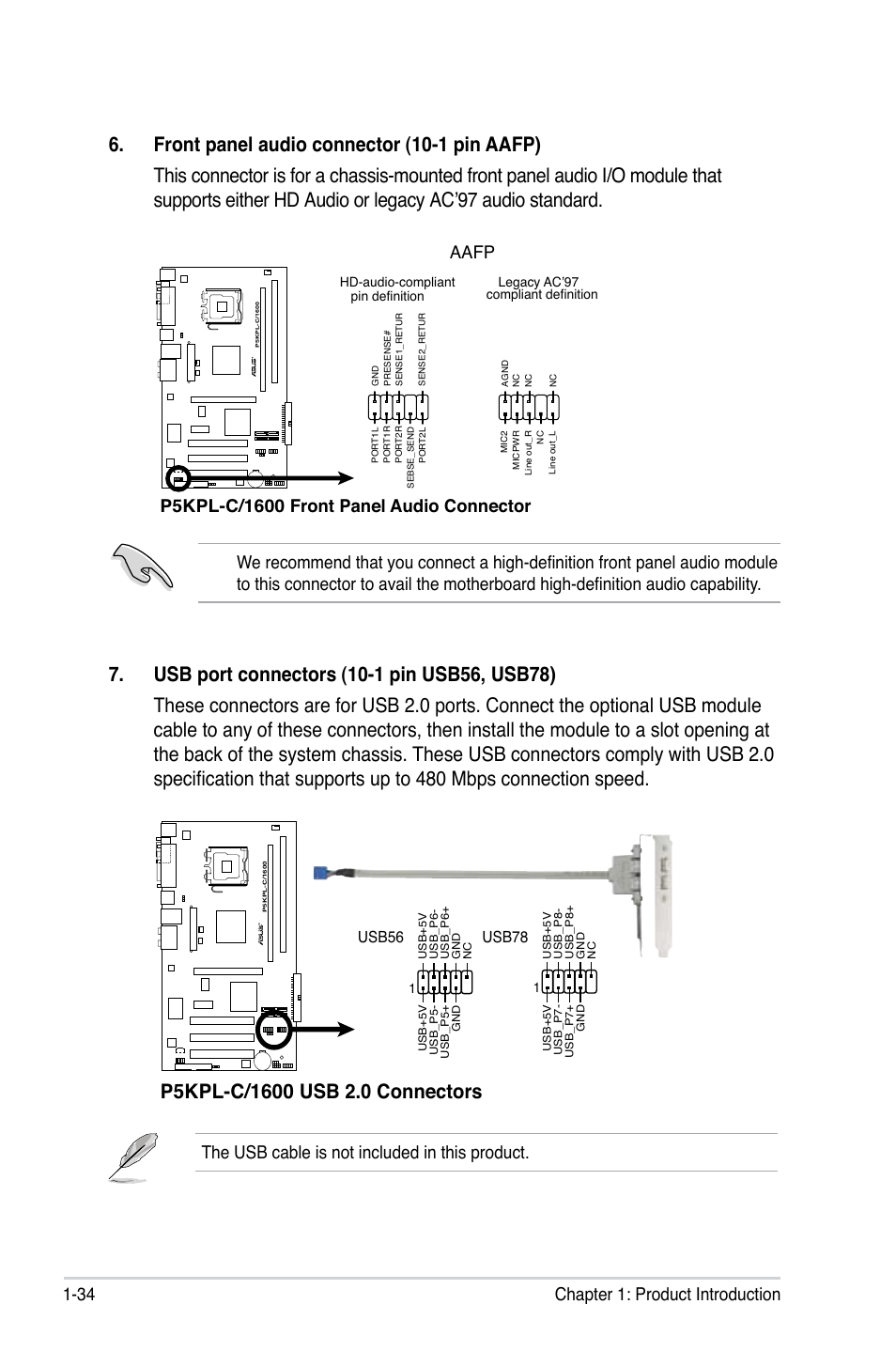 34 chapter 1: product introduction, The usb cable is not included in this product, Aafp | Usb78, Usb56 | Asus P5KPL-C/1600 User Manual | Page 46 / 98