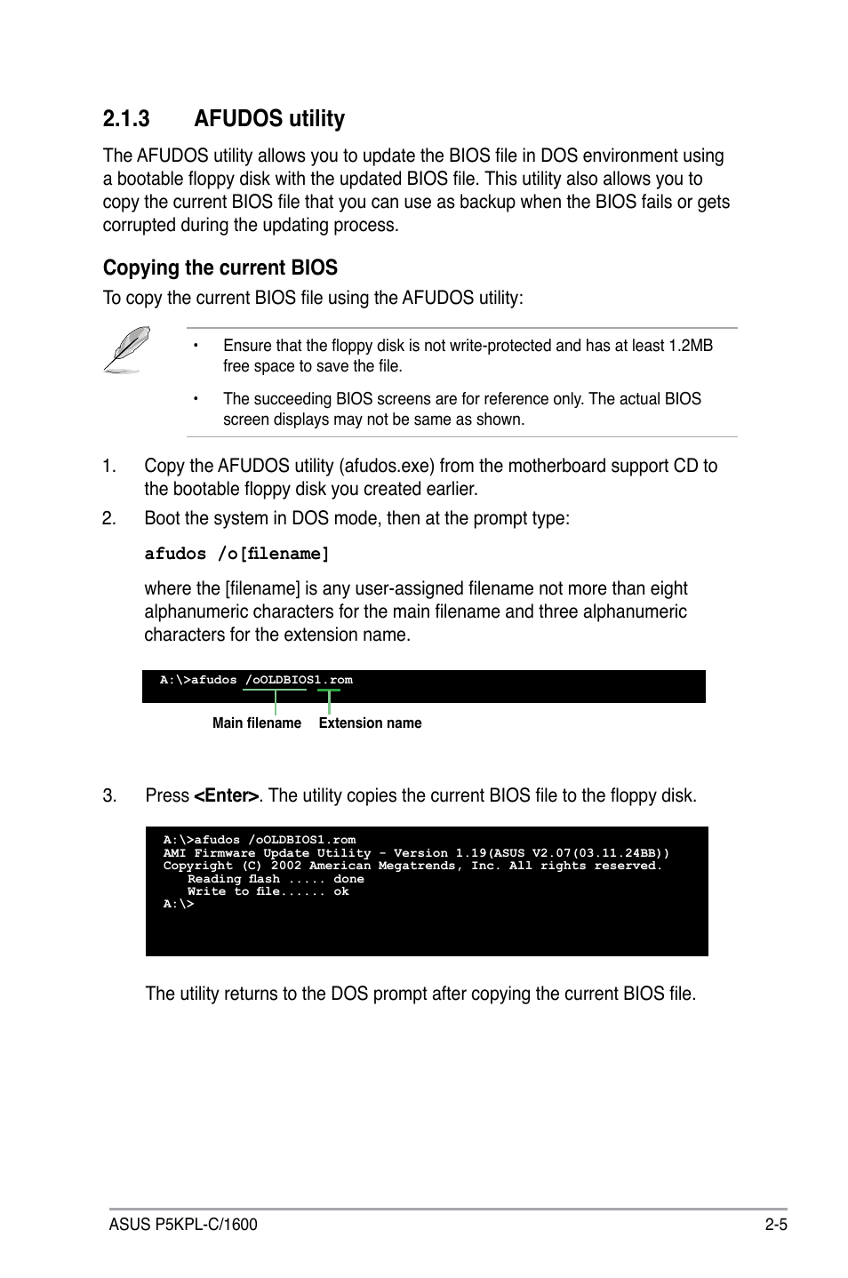 3 afudos utility, Copying the current bios | Asus P5KPL-C/1600 User Manual | Page 55 / 98