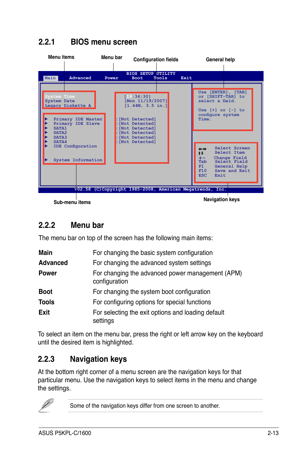 2 menu bar, 1 bios menu screen, 3 navigation keys | Asus P5KPL-C/1600 User Manual | Page 63 / 98