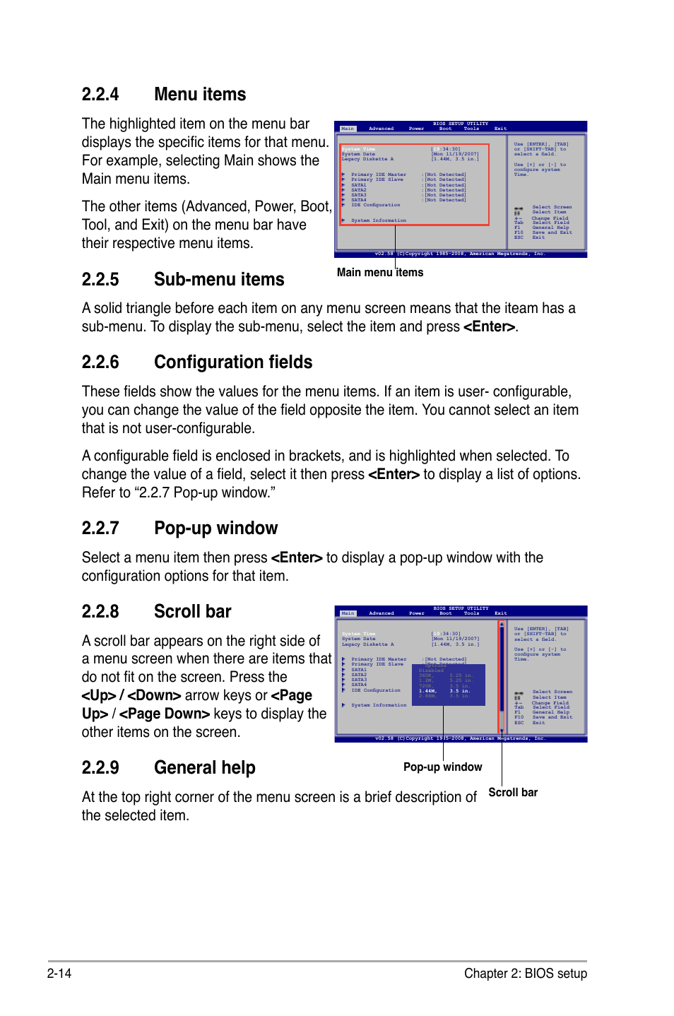 4 menu items, 5 sub-menu items, 6 configuration fields | 7 pop-up window, 8 scroll bar, 9 general help, 14 chapter 2: bios setup, Main menu items scroll bar pop-up window | Asus P5KPL-C/1600 User Manual | Page 64 / 98