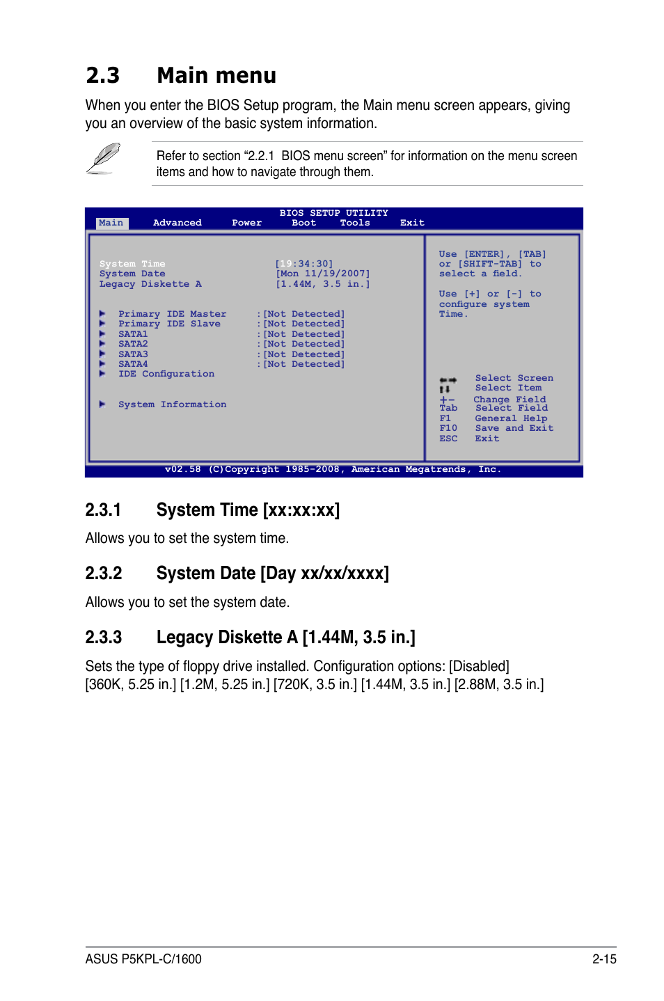 3 main menu, 1 system time [xx:xx:xx, Allows you to set the system time | Allows you to set the system date | Asus P5KPL-C/1600 User Manual | Page 65 / 98