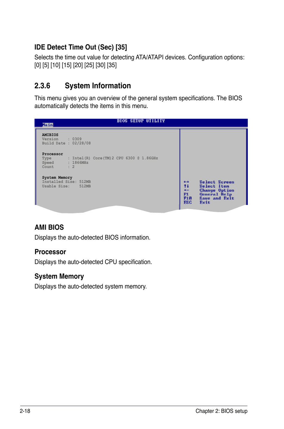 6 system information, Ami bios, Processor | Ide detect time out (sec) [35 | Asus P5KPL-C/1600 User Manual | Page 68 / 98