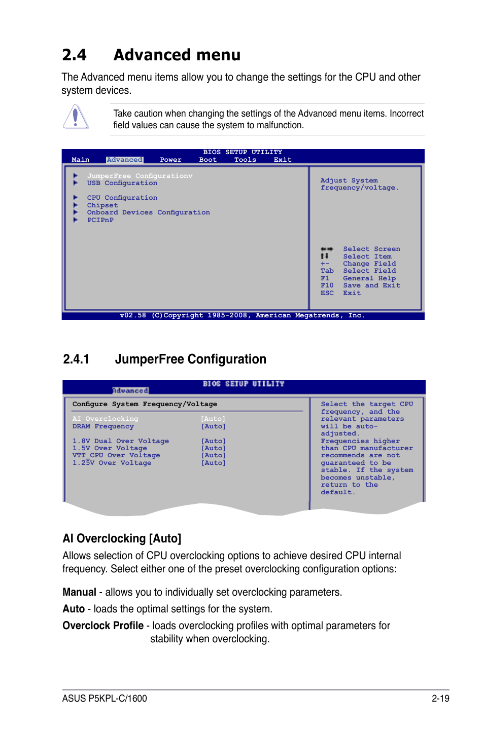 4 advanced menu, 1 jumperfree configuration, Ai overclocking [auto | Asus P5KPL-C/1600 User Manual | Page 69 / 98