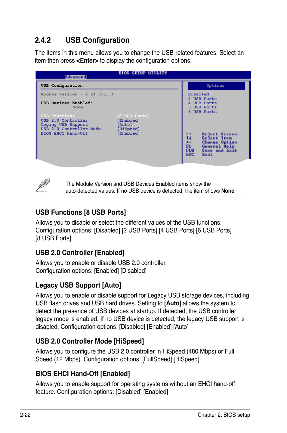 2 usb configuration, Usb functions [8 usb ports, Usb 2.0 controller [enabled | Legacy usb support [auto, Usb 2.0 controller mode [hispeed, Bios ehci hand-off [enabled | Asus P5KPL-C/1600 User Manual | Page 72 / 98