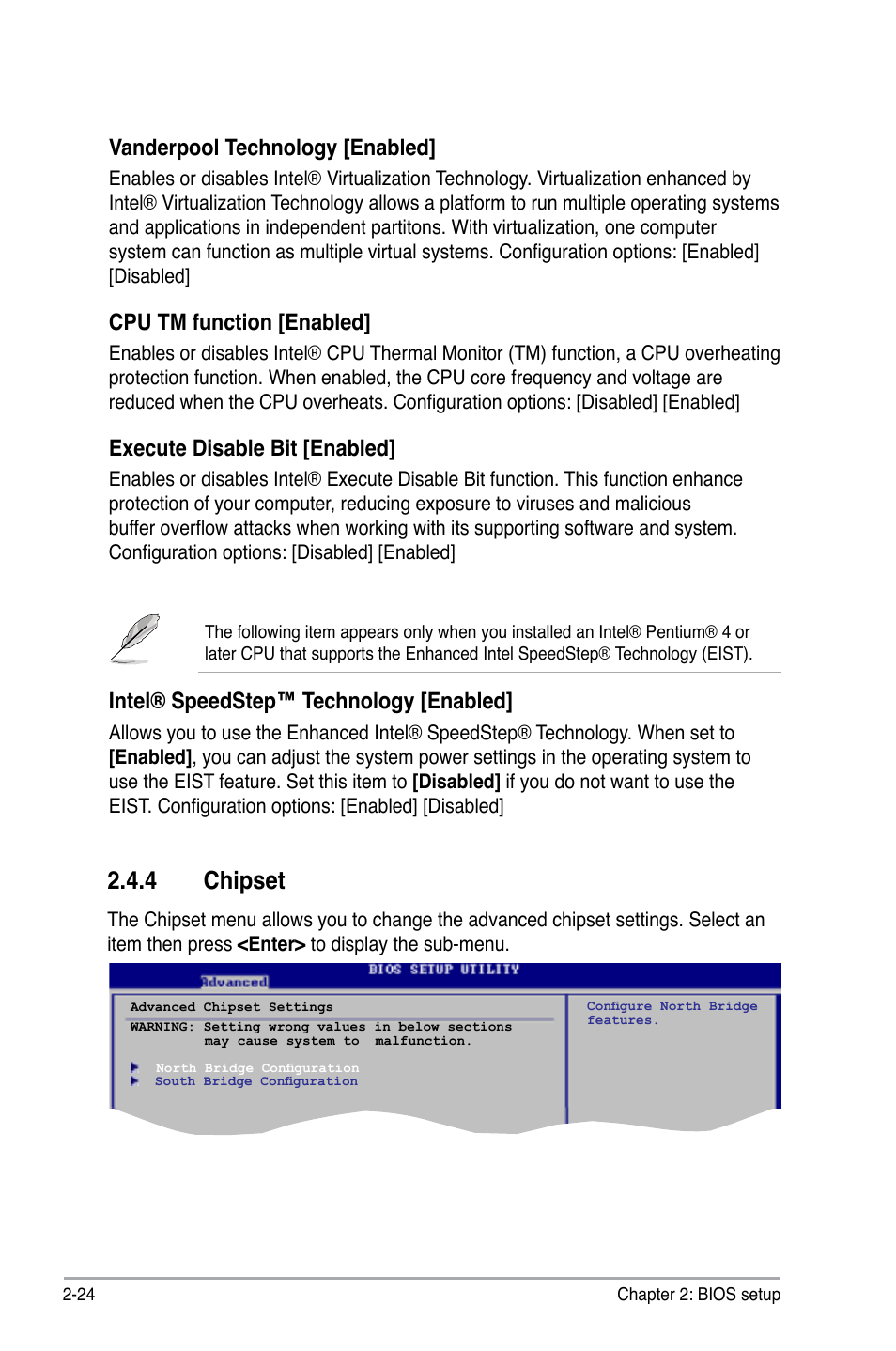 4 chipset, Intel® speedstep™ technology [enabled, Vanderpool technology [enabled | Cpu tm function [enabled, Execute disable bit [enabled | Asus P5KPL-C/1600 User Manual | Page 74 / 98