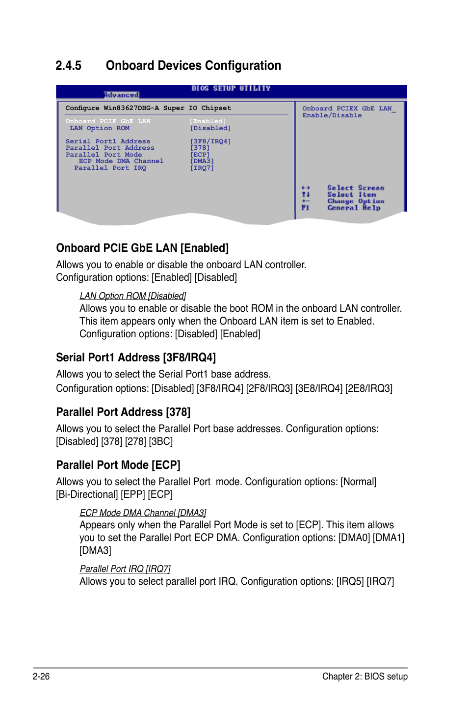 5 onboard devices configuration, Onboard pcie gbe lan [enabled, Serial port1 address [3f8/irq4 | Parallel port address [378, Parallel port mode [ecp | Asus P5KPL-C/1600 User Manual | Page 76 / 98