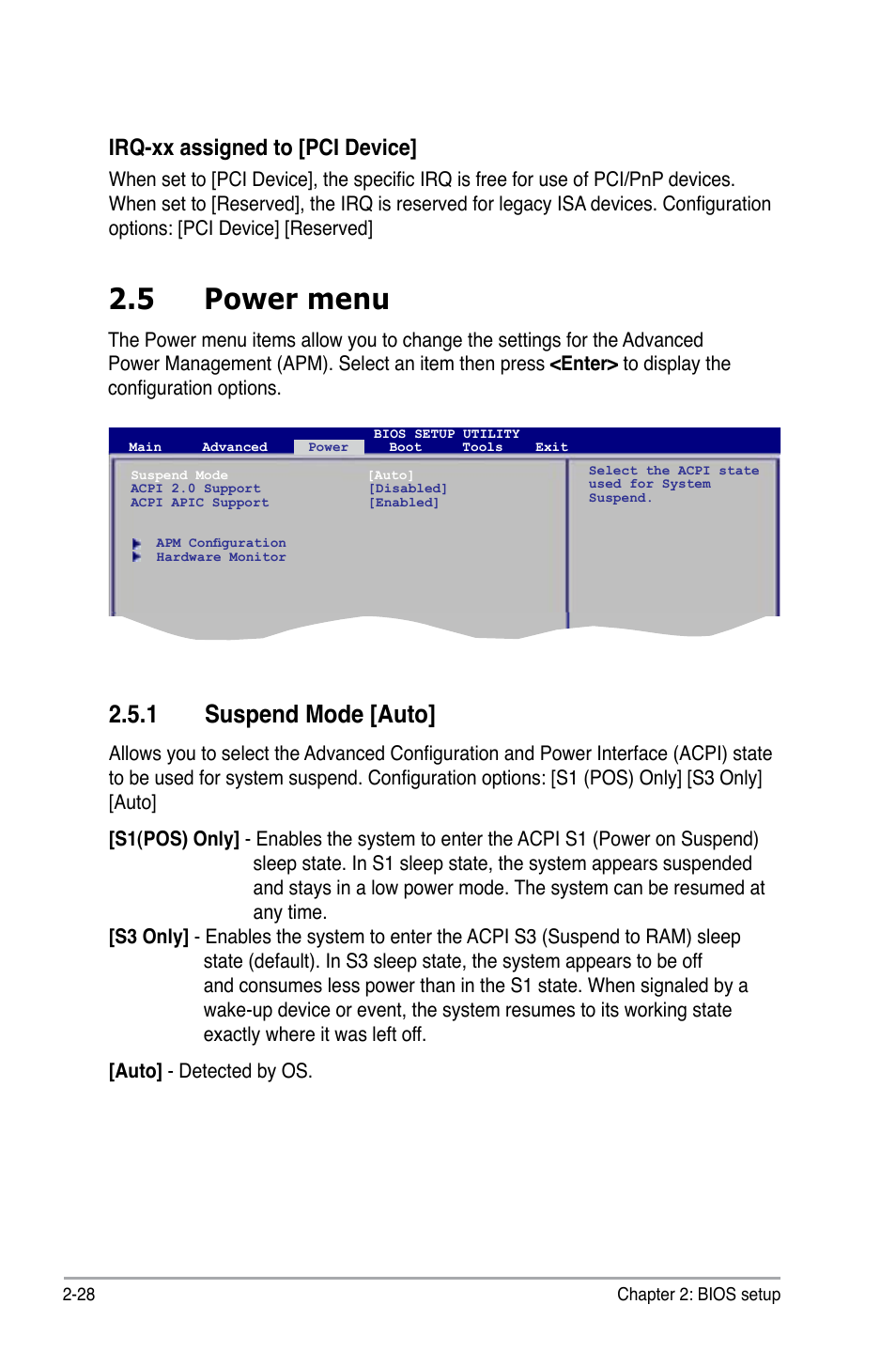 5 power menu, 1 suspend mode [auto, Irq-xx assigned to [pci device | Asus P5KPL-C/1600 User Manual | Page 78 / 98