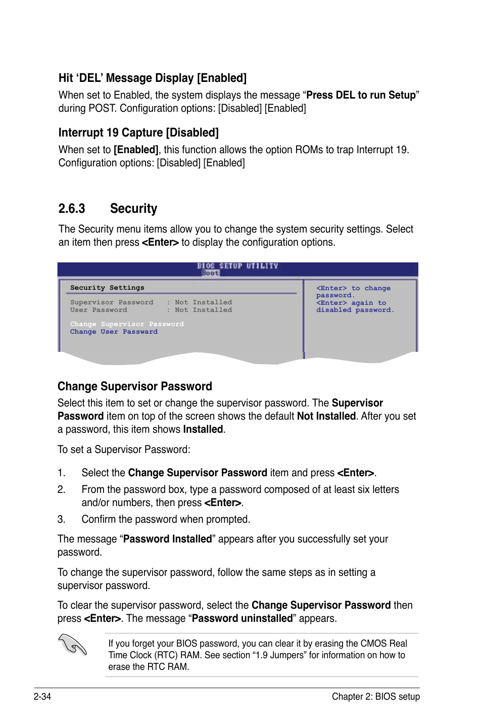 3 security, Hit ‘del’ message display [enabled, Interrupt 19 capture [disabled | Change supervisor password | Asus P5KPL-C/1600 User Manual | Page 84 / 98