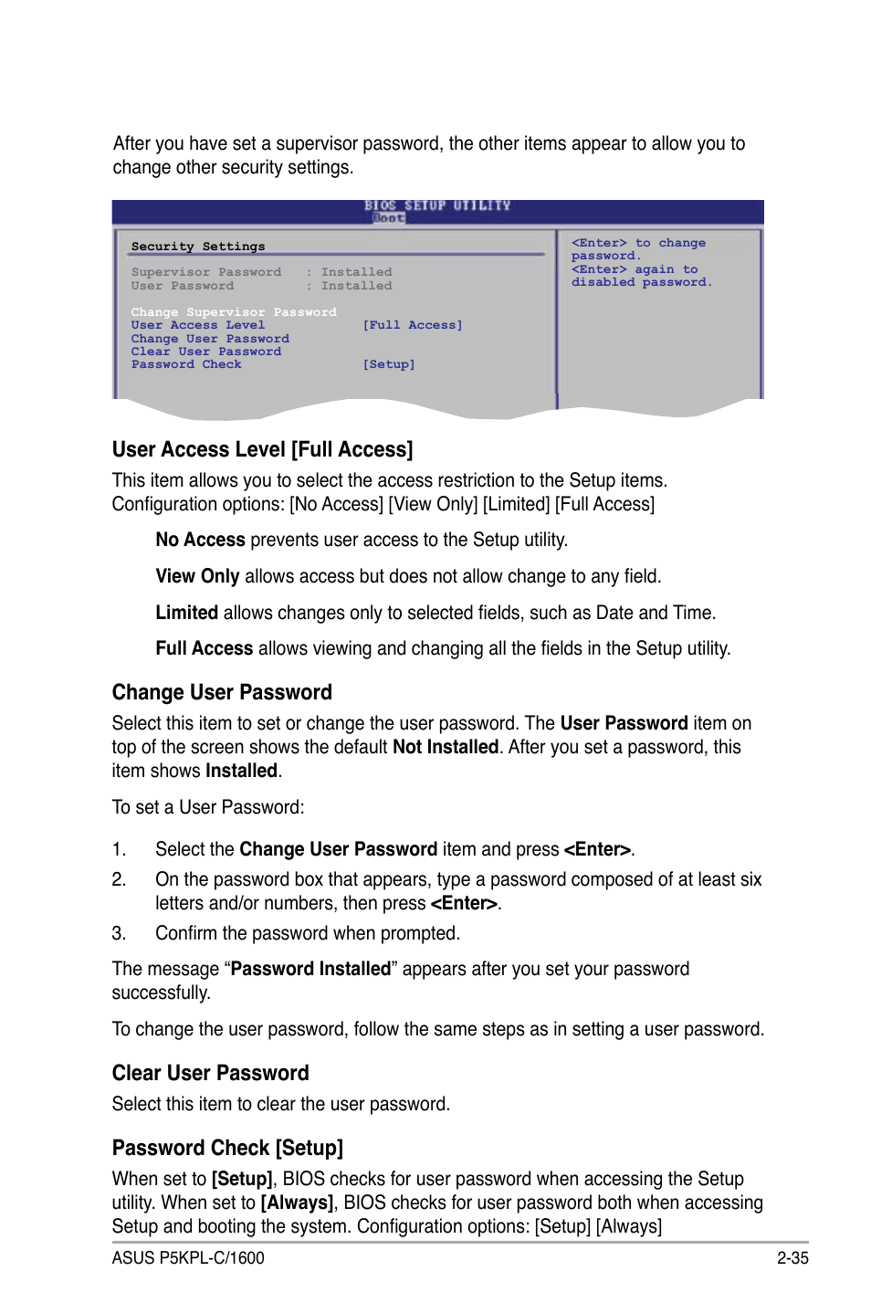 User access level [full access, Change user password, Clear user password | Password check [setup | Asus P5KPL-C/1600 User Manual | Page 85 / 98