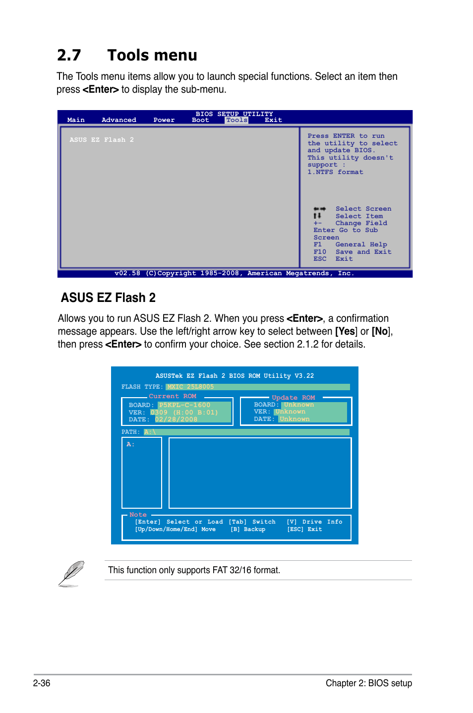 7 tools menu, Asus ez flash 2 | Asus P5KPL-C/1600 User Manual | Page 86 / 98