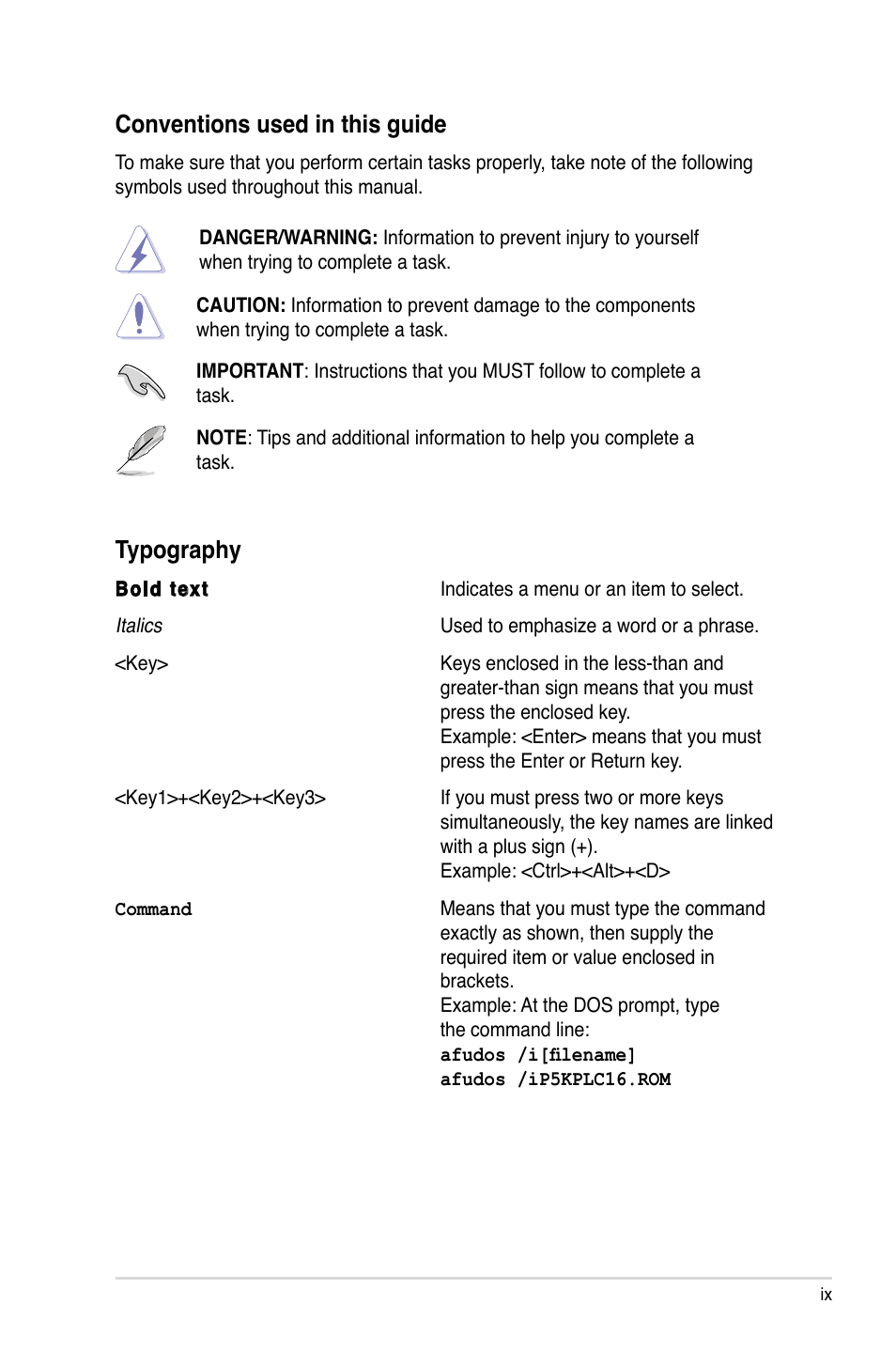 Conventions used in this guide, Typography | Asus P5KPL-C/1600 User Manual | Page 9 / 98