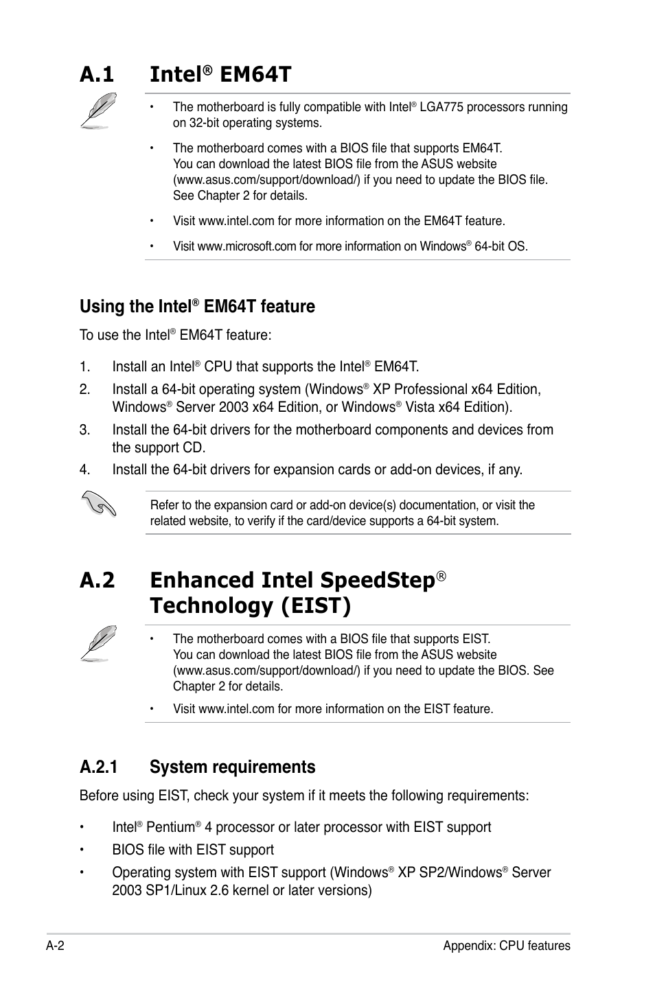 A.1 intel, Em64t, A.2 enhanced intel speedstep | Technology (eist), Using the intel, Em64t feature, A.2.1 system requirements | Asus P5KPL-C/1600 User Manual | Page 96 / 98